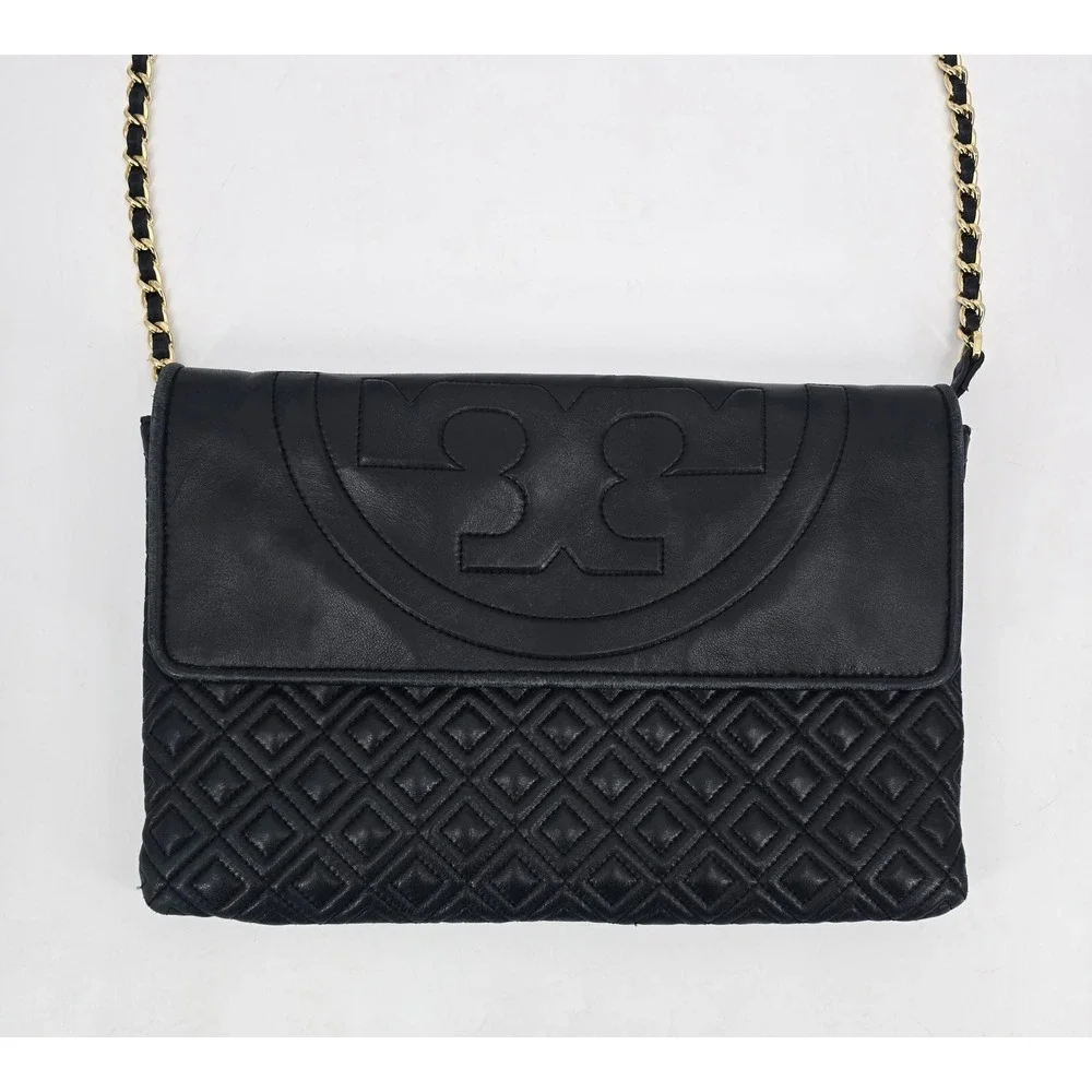 Tory Burch Large Fleming Convertible Crossbody Bag Black Leather Quilted Chain